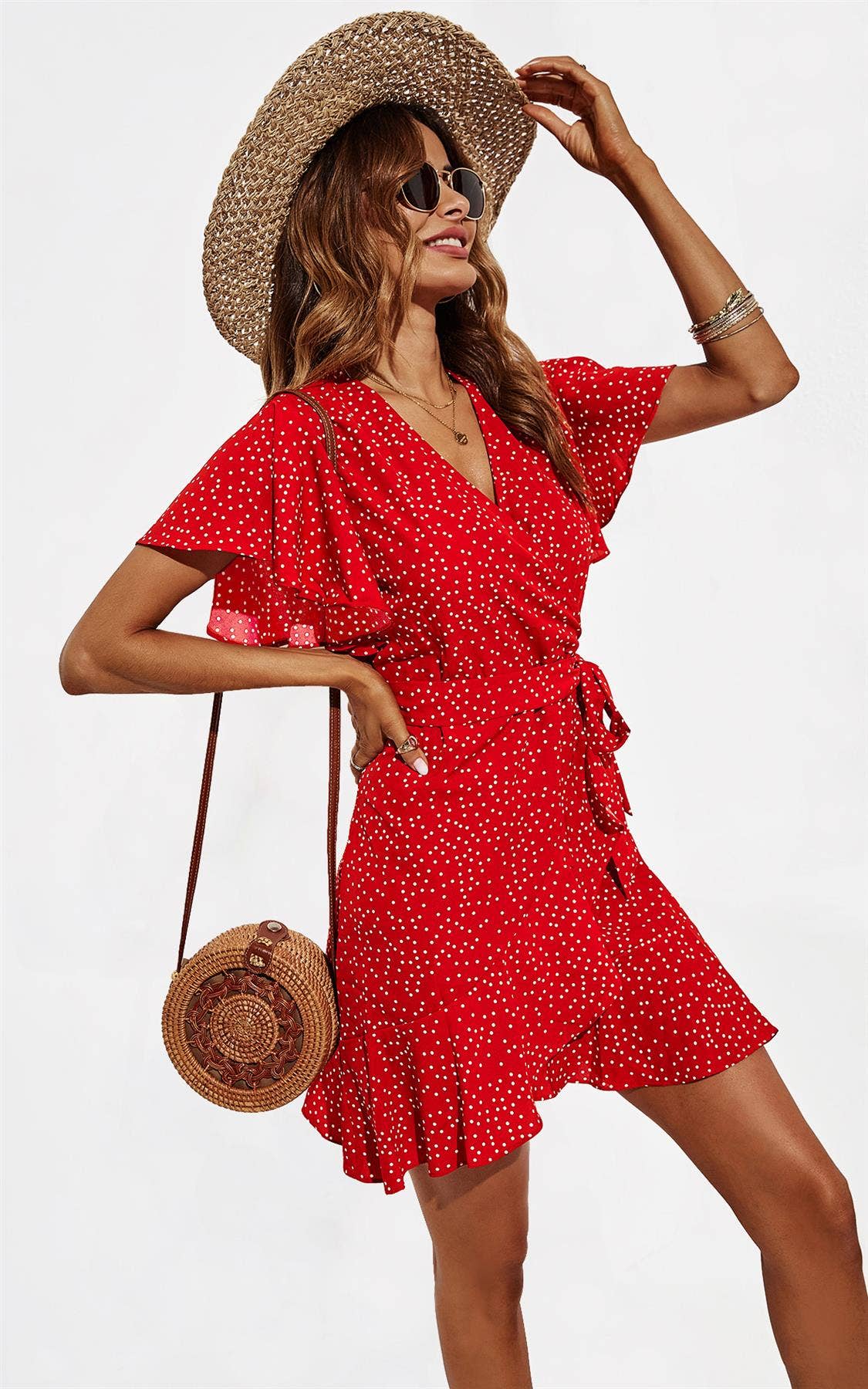 FS Collection - Wholesale Dress - Women's - Dot Print Wrap Top Dress In Red3