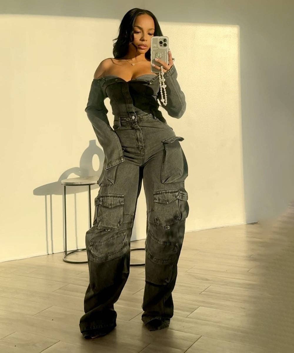 Aria Romance - Wholesale Jumpsuit - Women's - Asymmetric Denim Cardigan Set0