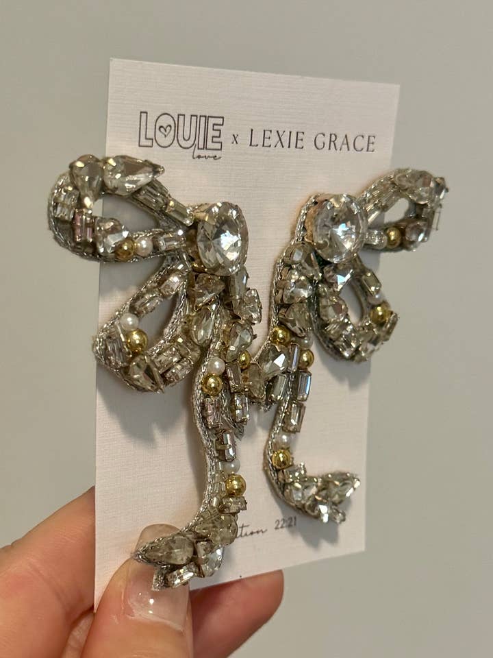 Beaded Silver Rhinestone Faux Bow Earrings for wholesale by Louie Love
