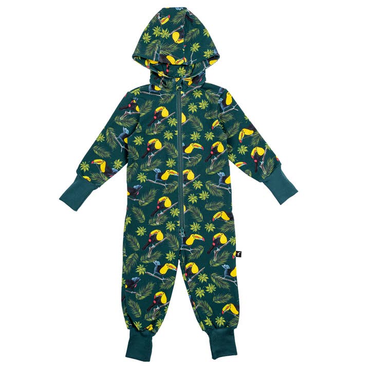 Warm baby jumpsuit with toucan print, green for wholesale by Beek