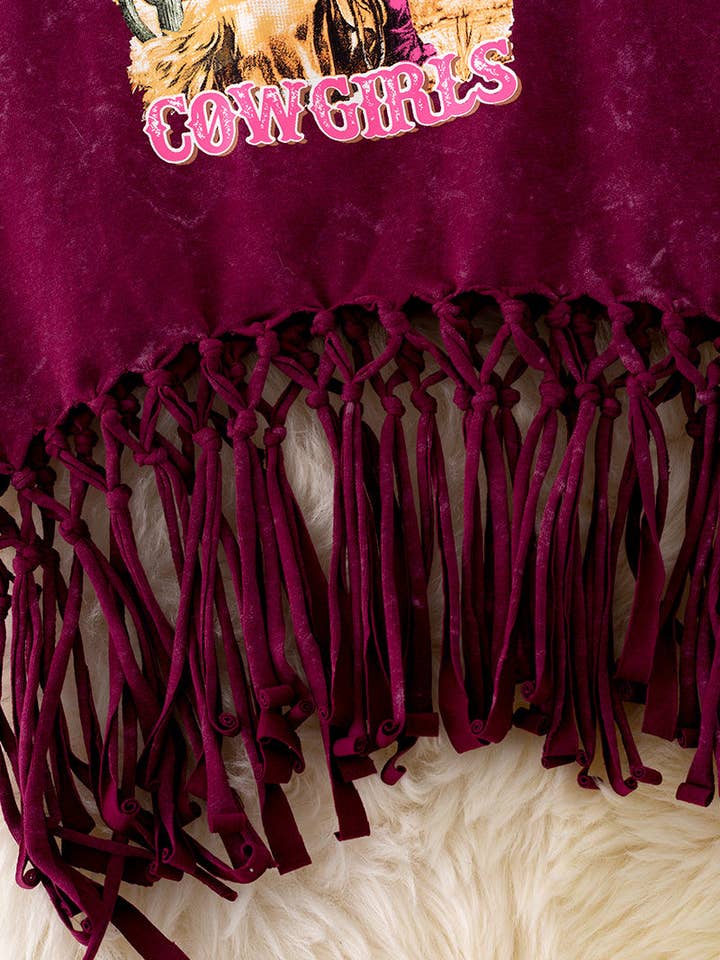 Kids Charm Online - Wholesale Screen Printed T-Shirt - Kids - "Long live cowgirls" maroon graphic printed top w/fringe. TPG40429 SOL2