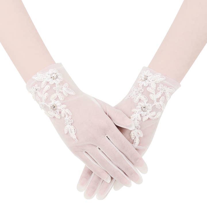 Lace Sheer Nylon Ivory Gloves | White Wedding Gloves for wholesale by Floris Linens
