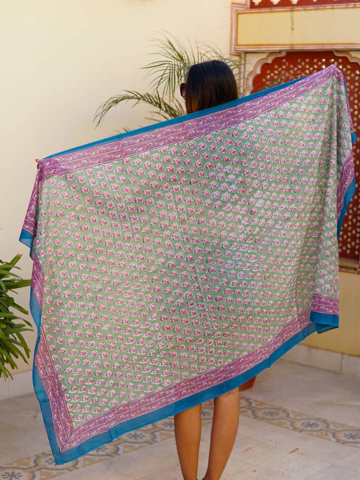 Sarong, Pareo, green and teal block print cotton coverup for wholesale by La Mandarine