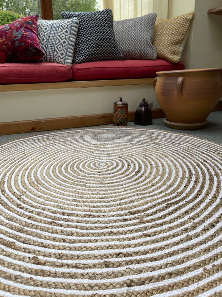 CHAKKAR PALE Hall Rug Stripe Round Braided Jute Beige White for wholesale by Second Nature Online