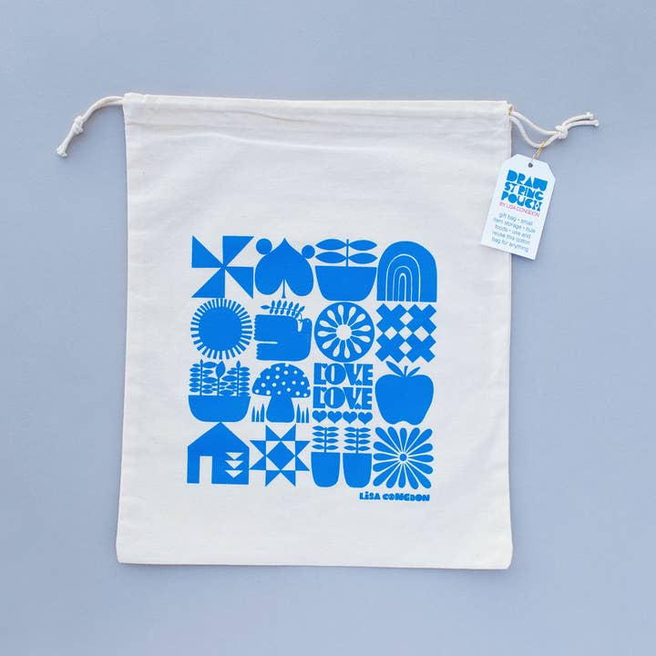 Lisa Congdon Art & Illustration - Wholesale Drawstring Bag - Unisex - Large Cotton Drawstring Pouch - Blue Grid