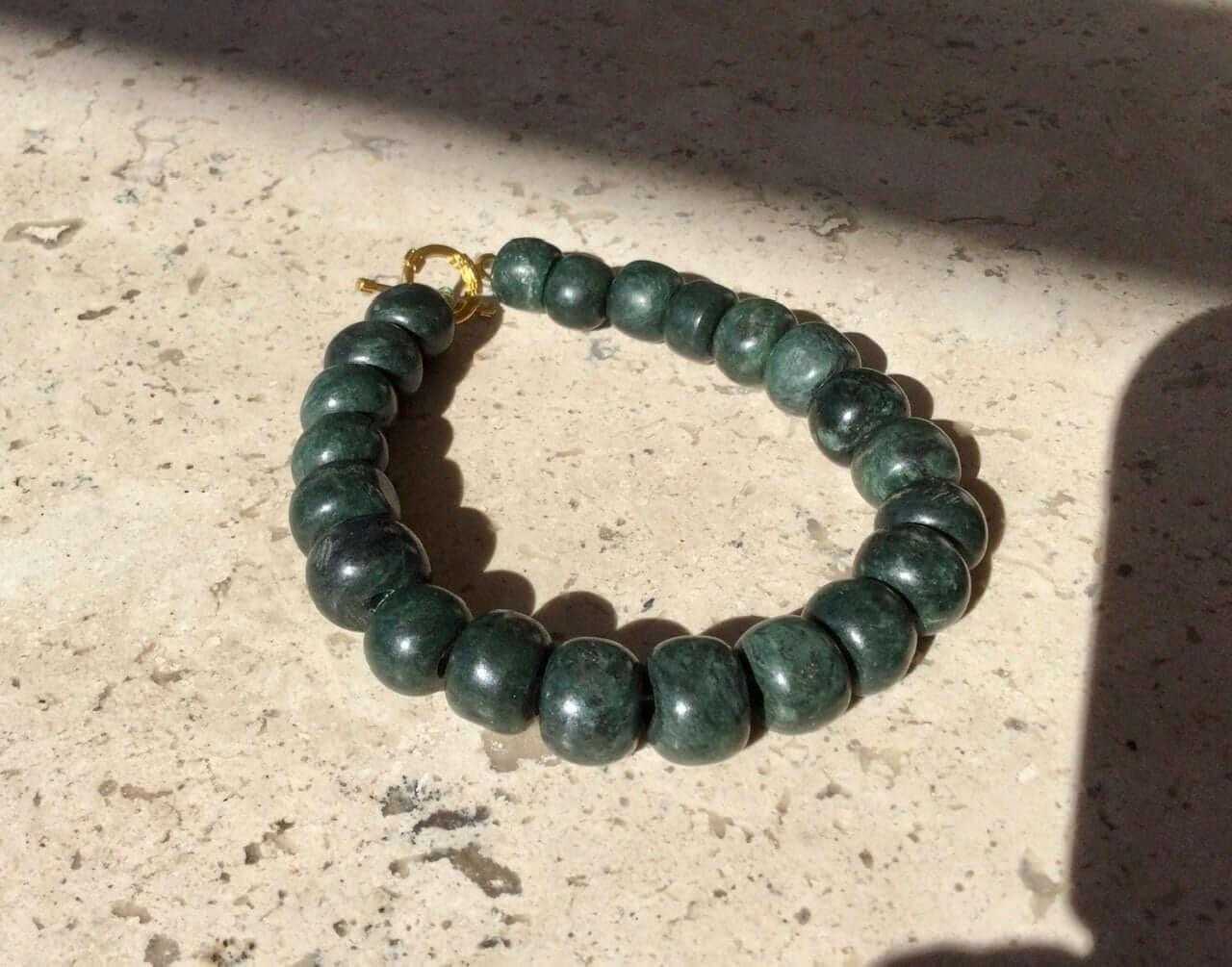 OllinMexica - Vendita all'ingrosso Bracciale con perline - Bracciale Maya come gioielli antichi in giada guatemalteca - Perline verde scuro - Serpentina guatemalteca - Stile precolombiano