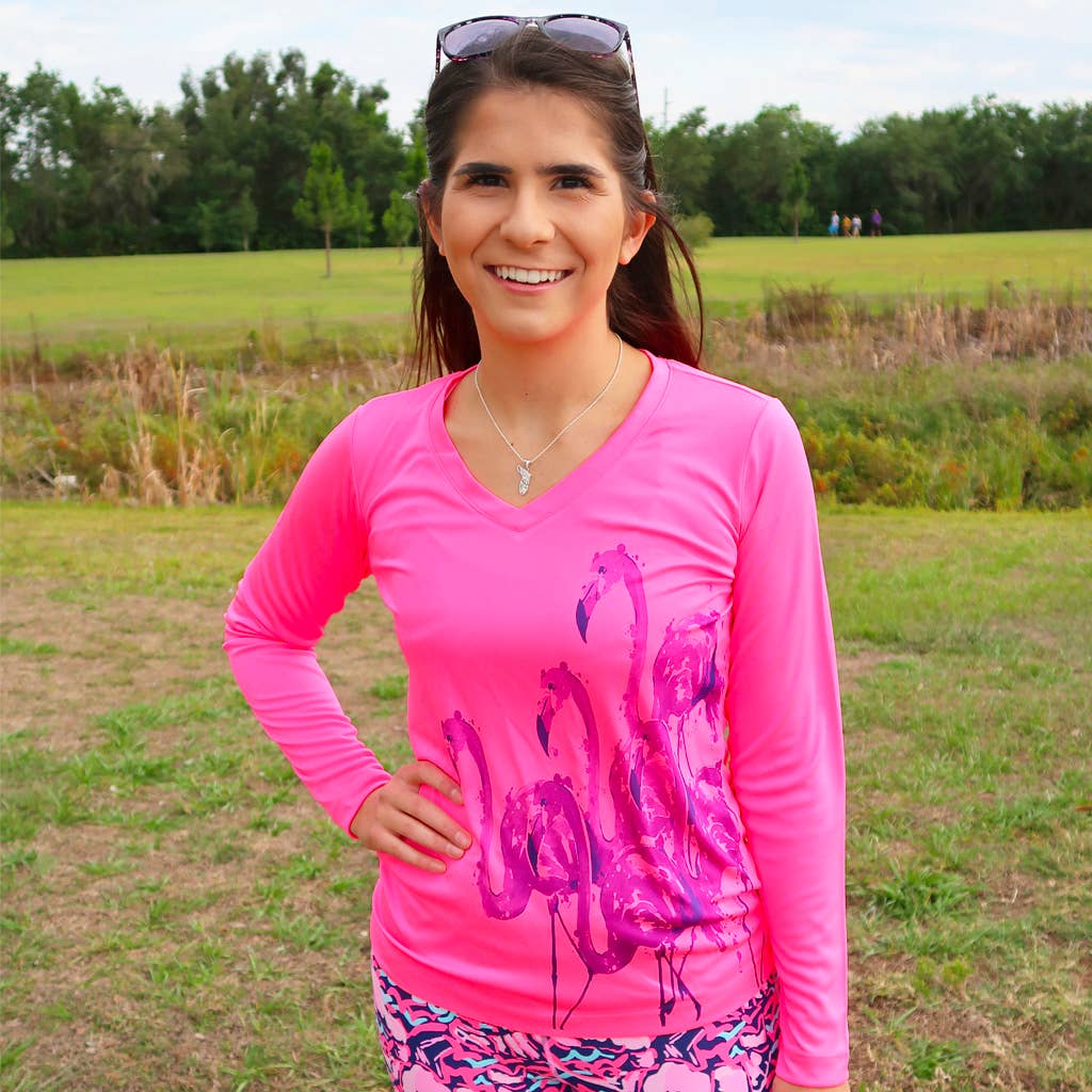 Neon Pink "Hot Flock Flamingo" UPF 50 Performance Ultra Comfort Shirt for wholesale on Faire1