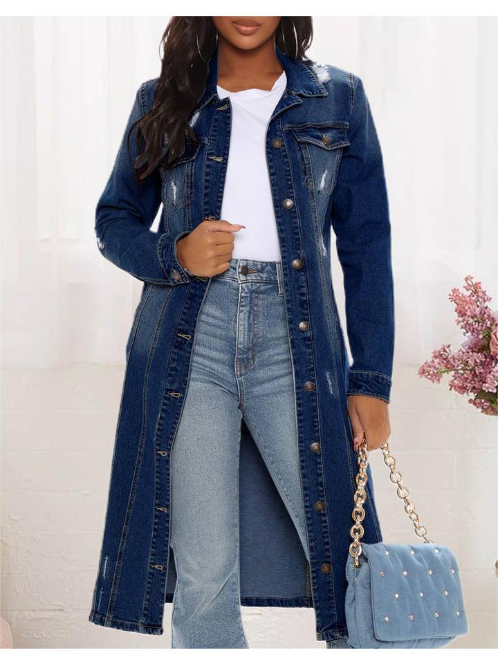 DarkBlue Denim jacket washed and worn vintage slim trench coat for wholesale on Faire