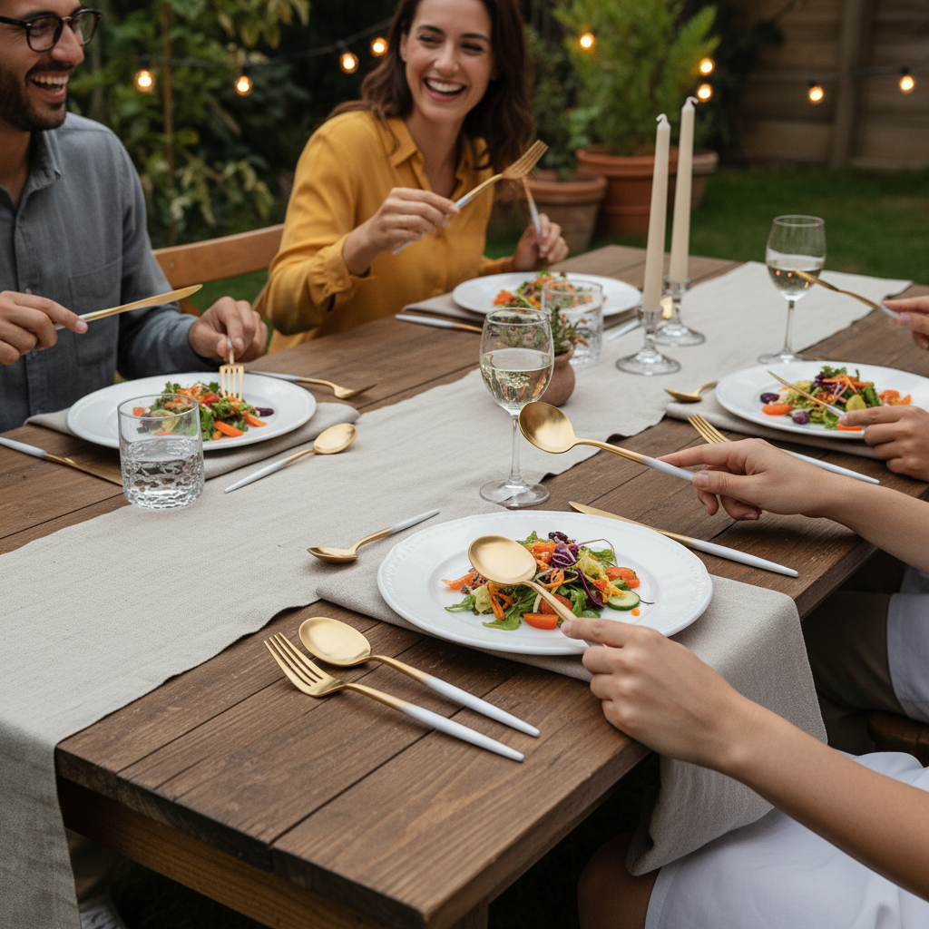 Kadra Kitchenware - Vendita all'ingrosso Set di posate - Vikko Vera Spazzolato Camp. Oro Ombre Manico Bianco 18/102