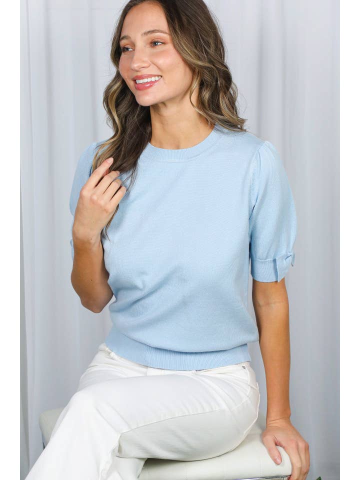 Vine & Love - Vente Haut en maille – femme - Haut en tricot à col rond avec manches bouffantes et nœud décoratif VT8267018