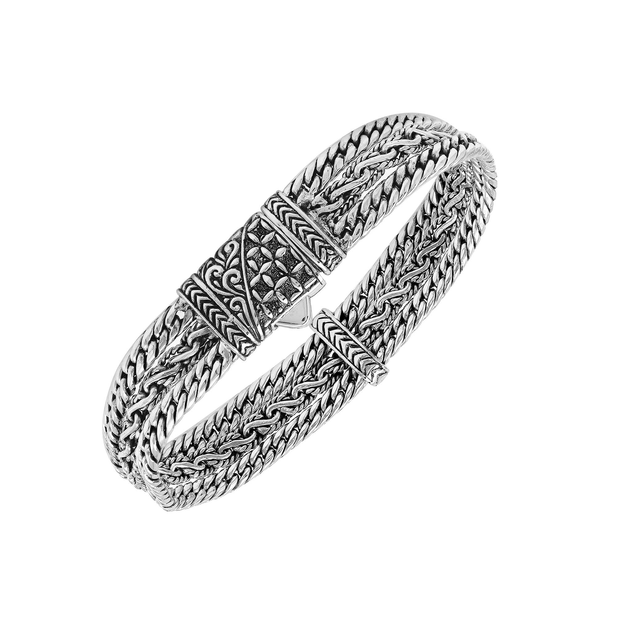 Bali Designs - Wholesale Bangle Bracelet - AB-1253-S Sterling Silver Balinese Woven Chain Bracelet With Intricate Push Clasp Artisan Detailing1