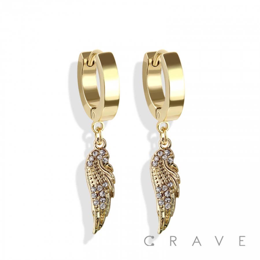 CRAVE - Wholesale Huggie Earrings - PAIR OF HUGGIE/HOOP EARRINGS WITH ALLOY CZ PAVED ANGEL WING0