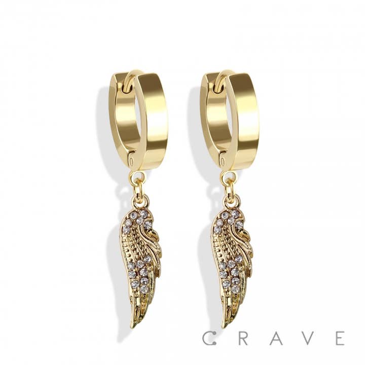 CRAVE - Wholesale Huggie Earrings - PAIR OF HUGGIE/HOOP EARRINGS WITH ALLOY CZ PAVED ANGEL WING