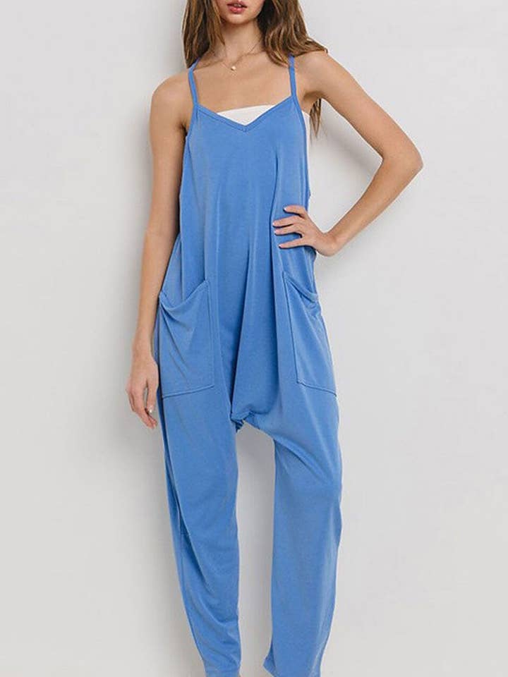 SLEEVELESS V NECK FRONT POCKET LOOSE FIT JUMPSUIT for wholesale by ROUSSEAU