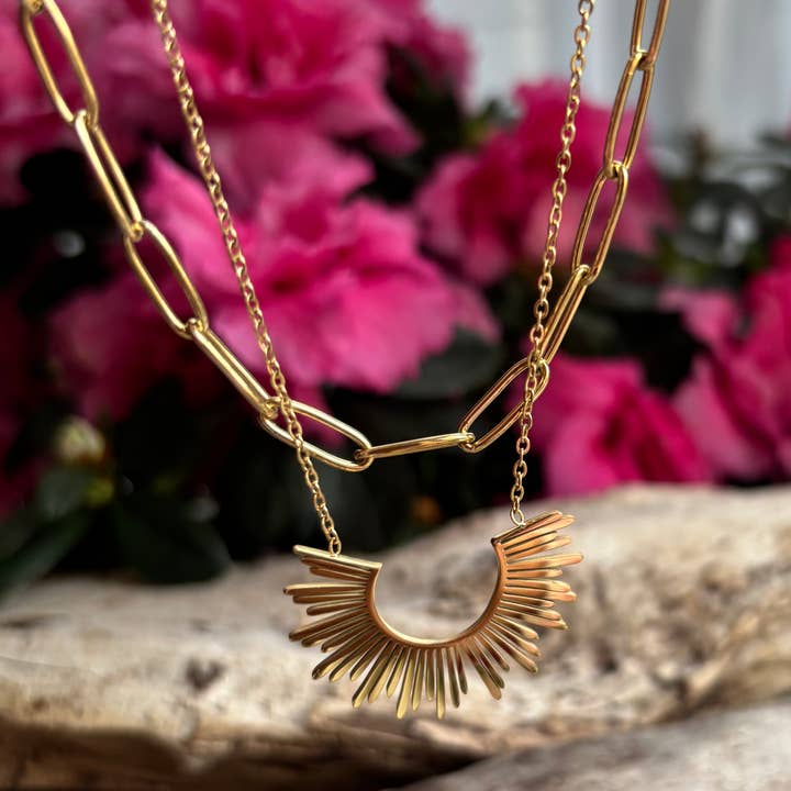 18ct Gold Plated Sun Pendant Double Chain Necklace for wholesale by Ocean Ripples