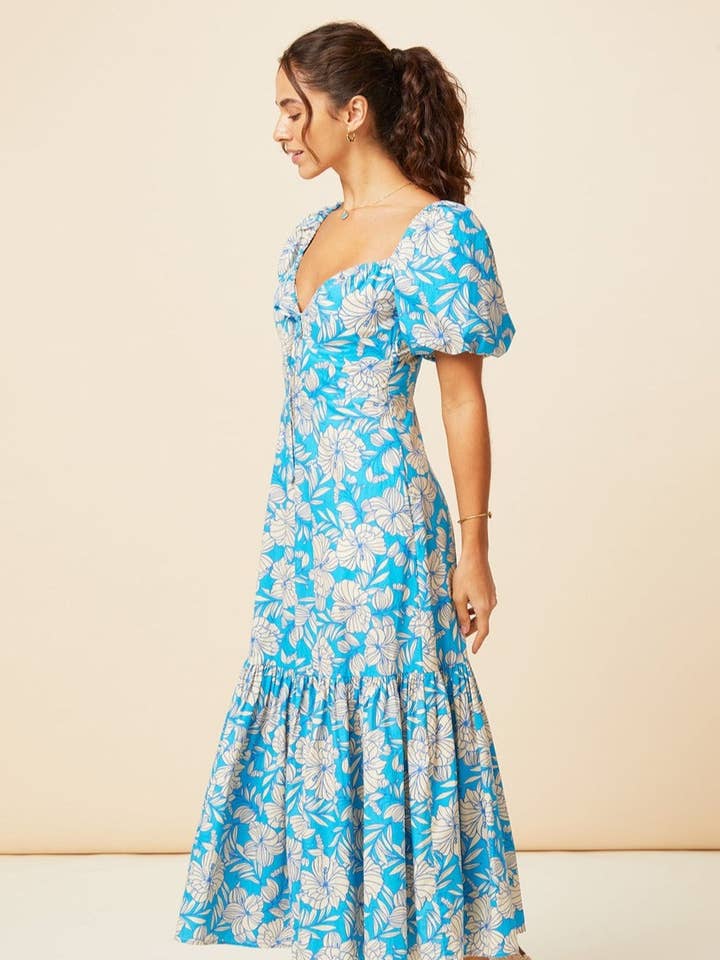 Zillah Dress | Lined Floral Turquoise/Cream for wholesale by Aspiga
