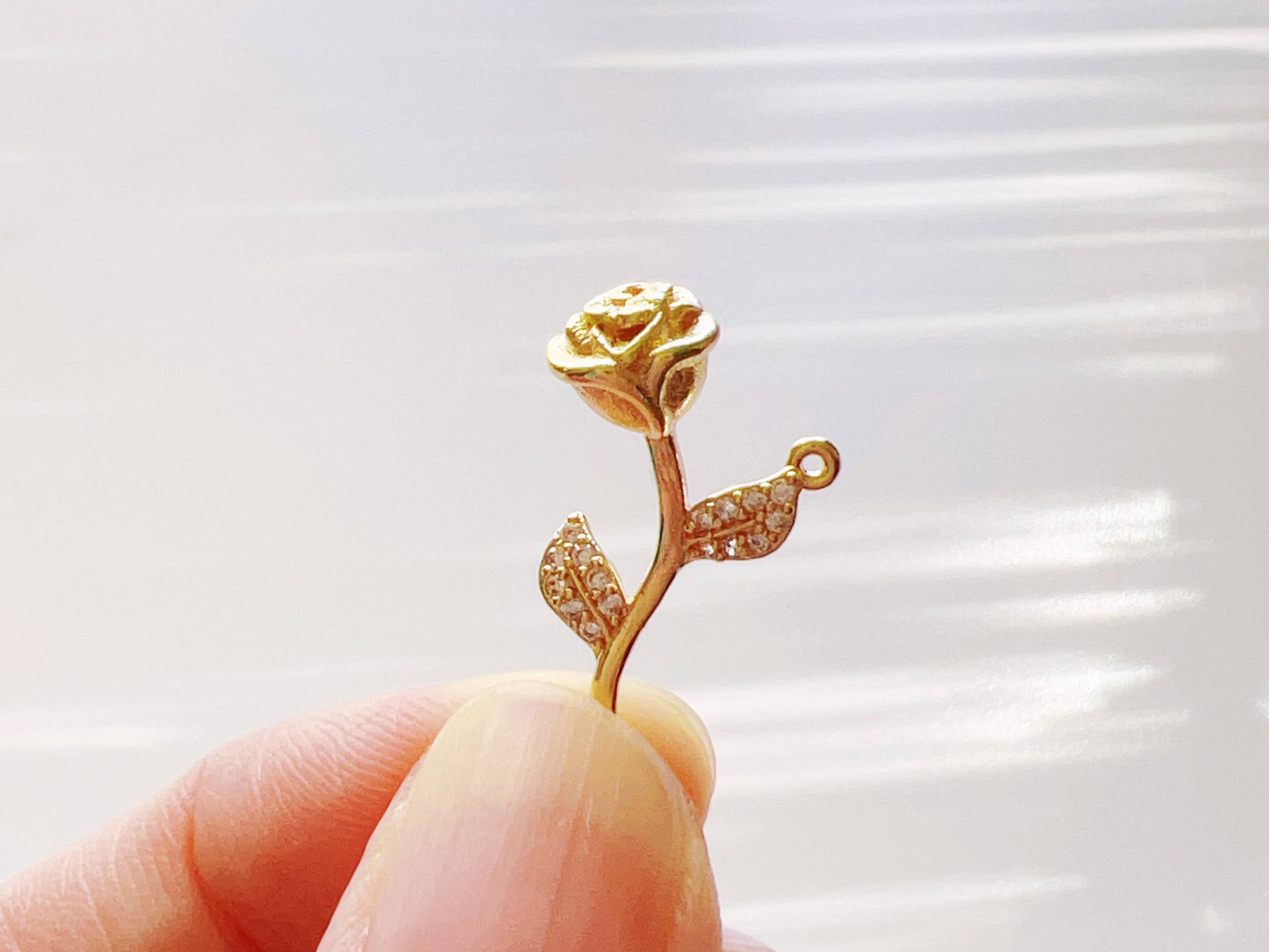 PISTEP - Wholesale Individual Charm/Pendant - 14K Gold Plated CZ Clear Stone Rose Charm, Rose Connector3
