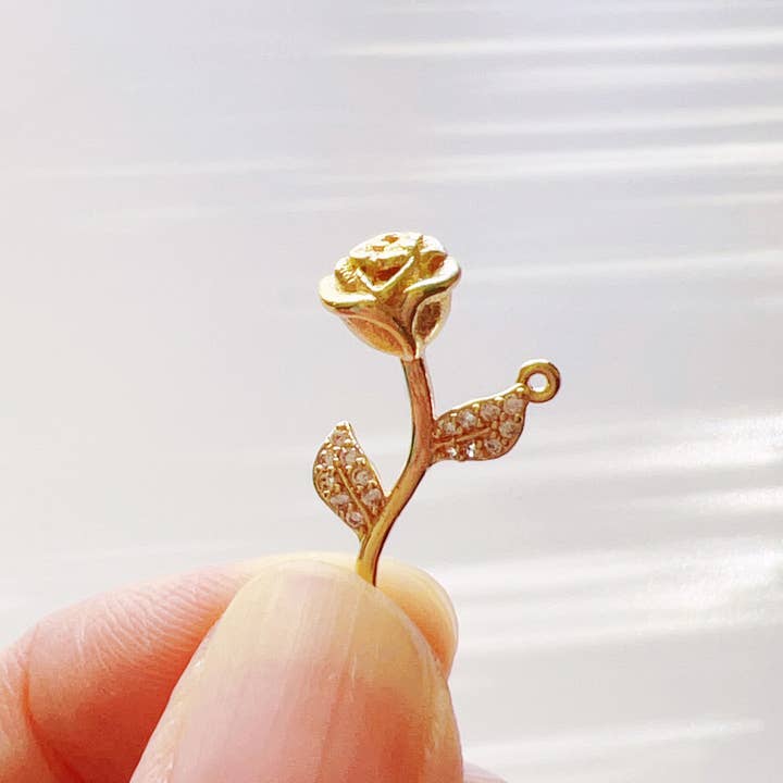 PISTEP - Wholesale Individual Charm/Pendant - 14K Gold Plated CZ Clear Stone Rose Charm, Rose Connector3
