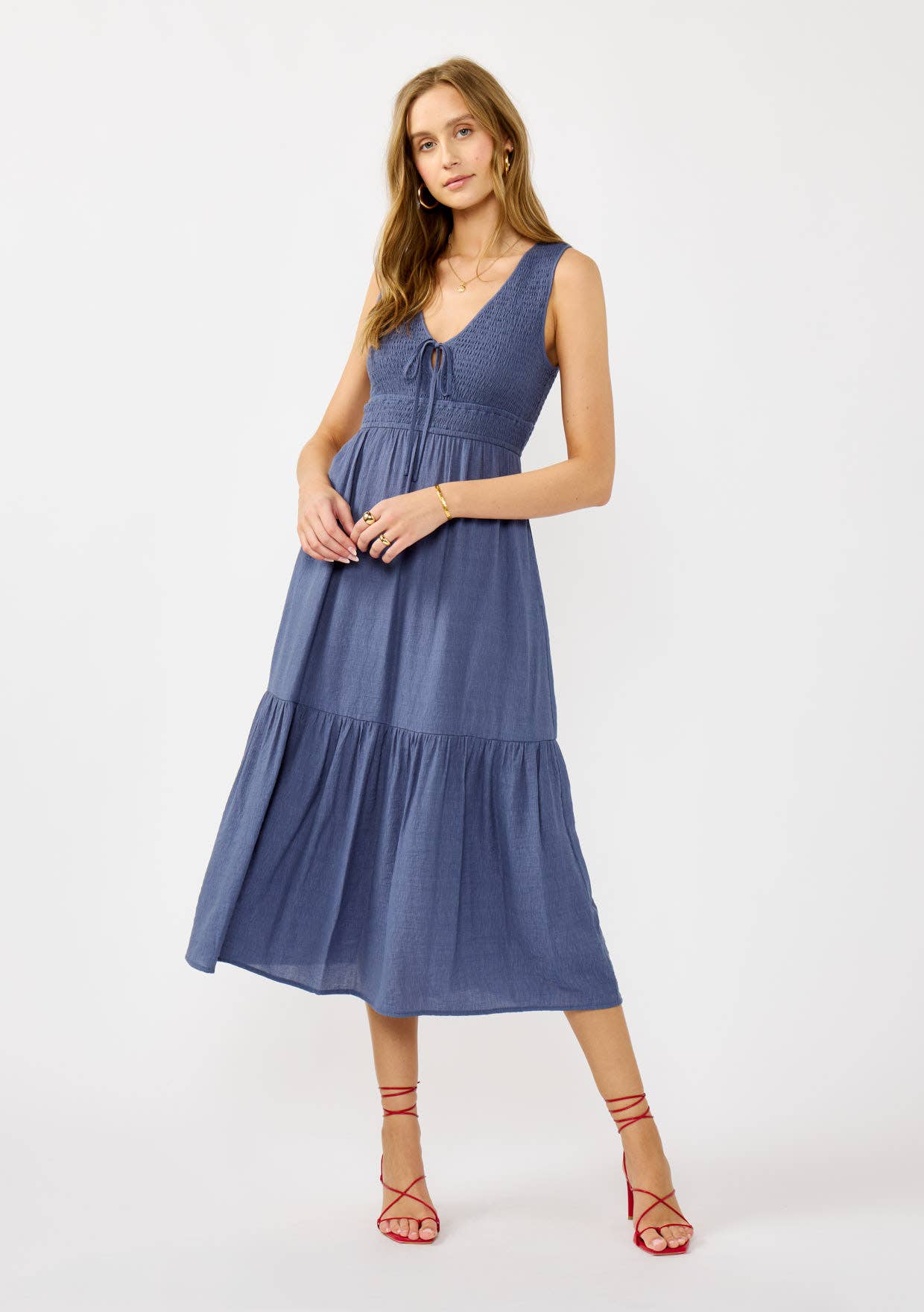 Slate Blue Flowy Tiered Midi Dress with Side Pockets for wholesale on Faire