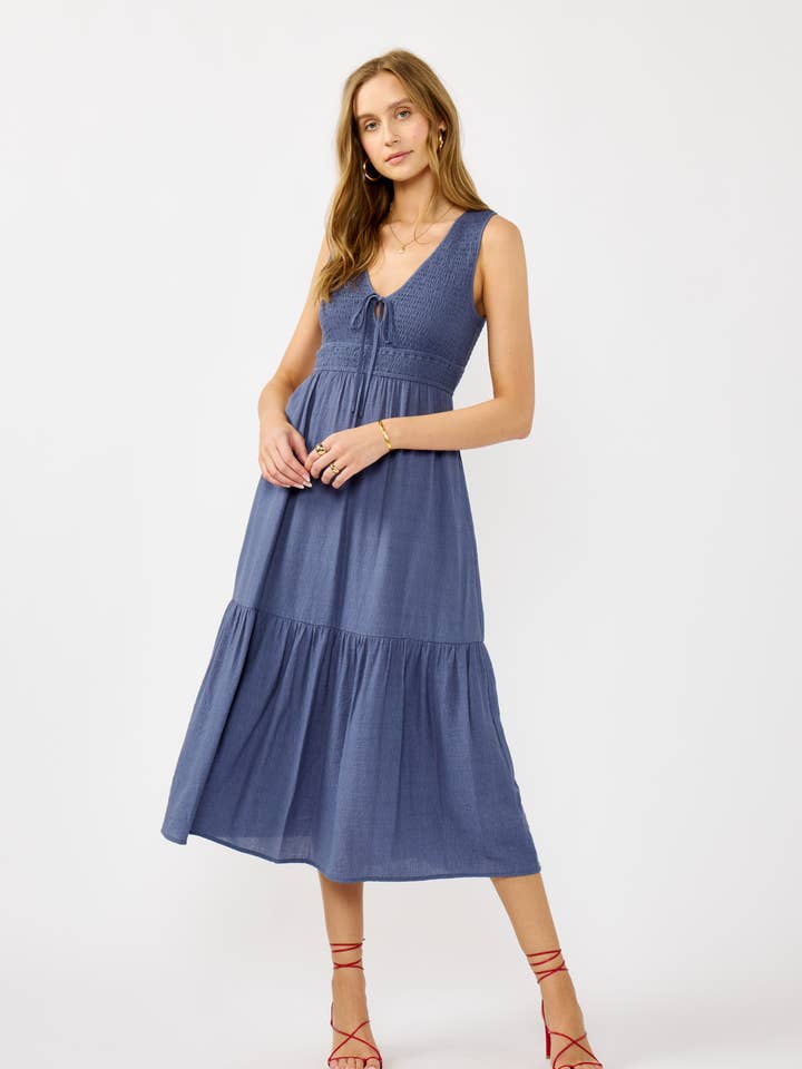 Slate Blue Flowy Tiered Midi Dress with Side Pockets for wholesale on Faire0