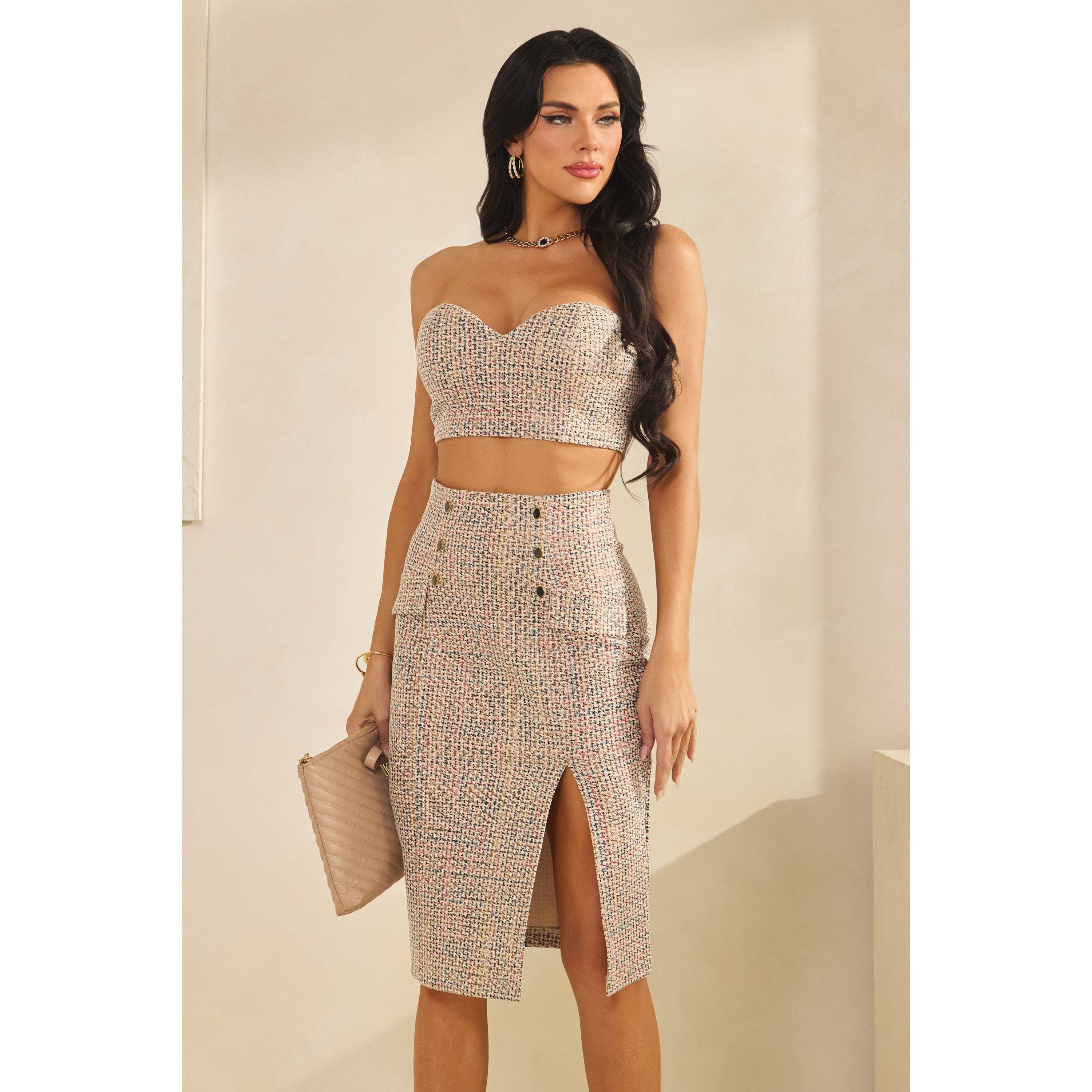 DORCAS - Wholesale Top & Skirt Set - Women's - Tweed Side Slit Midi Skirt Set8