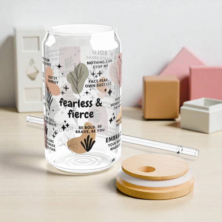 EMESLY - Wholesale Drinking Glass/Cup - Fearless & Fierce Motivational Sipper Glass Tumbler; 16oz