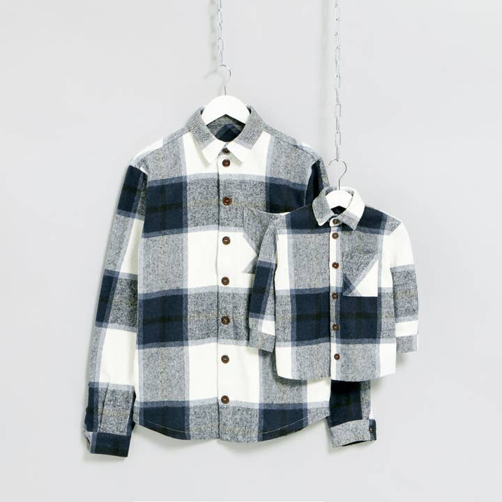 MANCUB – Großhandel Hemd mit Button-down-Kragen – Kinder – Passende Dad & Son Karo-Überhemden aus Flanell in Marineblau und