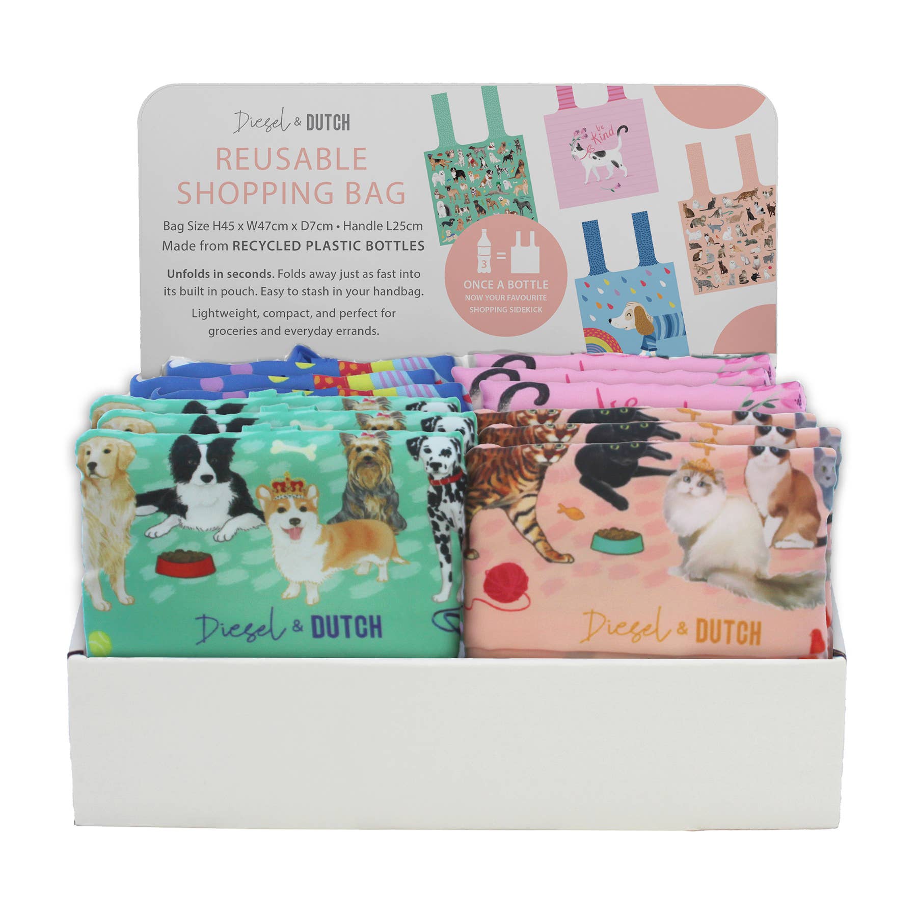 Diesel & Dutch – Engroshandel Indkøbspose/indkøbstaske – Paws and Claws 100% Genbrugte Indkøbsposer - 16 stk Assorteret Bakke1