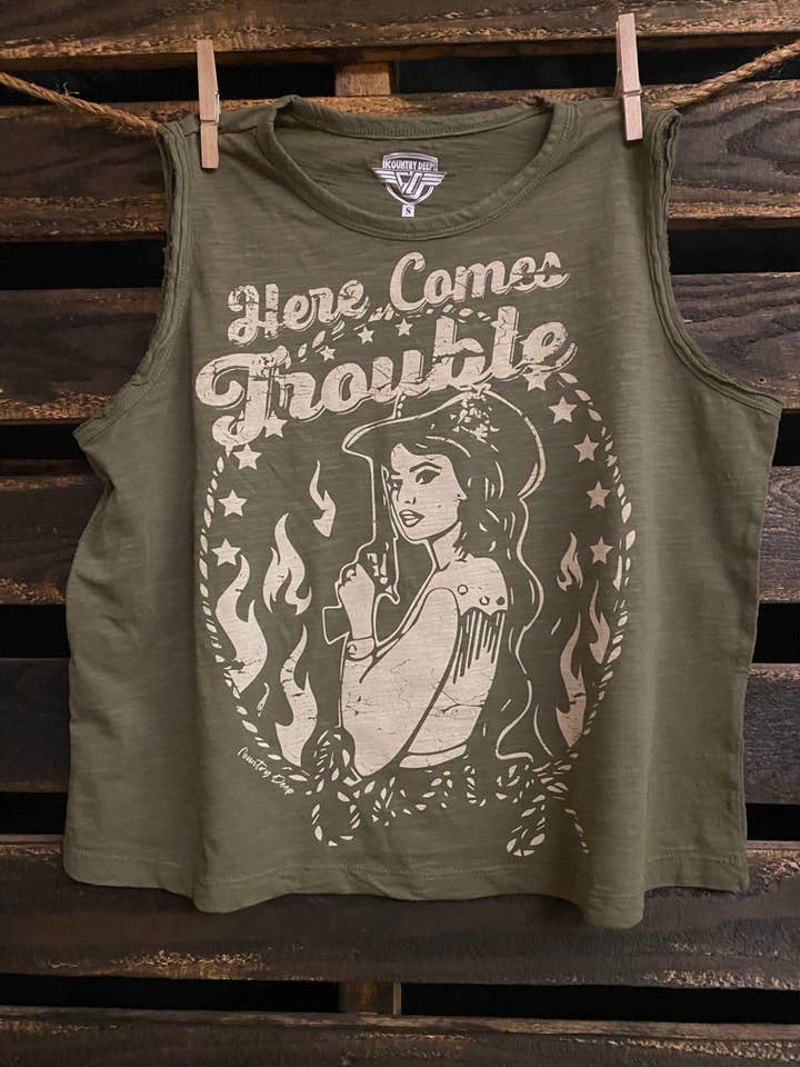 Country Deep Apparel - Wholesale Tank Top - Women's - Here Comes Trouble Muscle Crop Top1