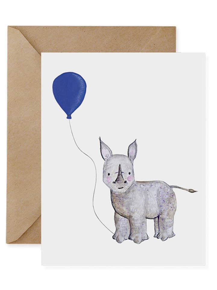 Cartolina Rinoceronte con Palloncino Blu: Arte Faunistica Ecosostenibile per la vendita all'ingrosso da parte di Red and Wolf Paper Company