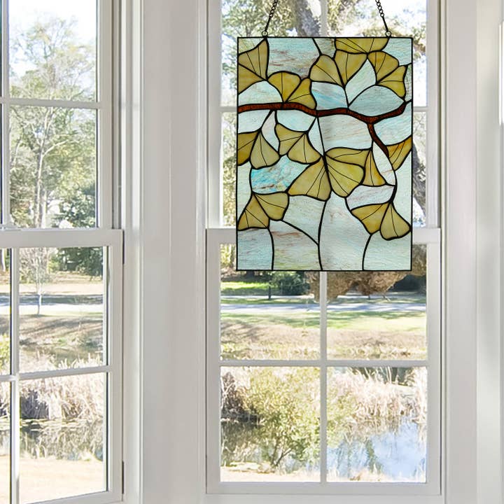 River of Goods - Wholesale Suncatcher - 17.5"H Robert Yellow Gingko Leaf Stained Glass Window Panel