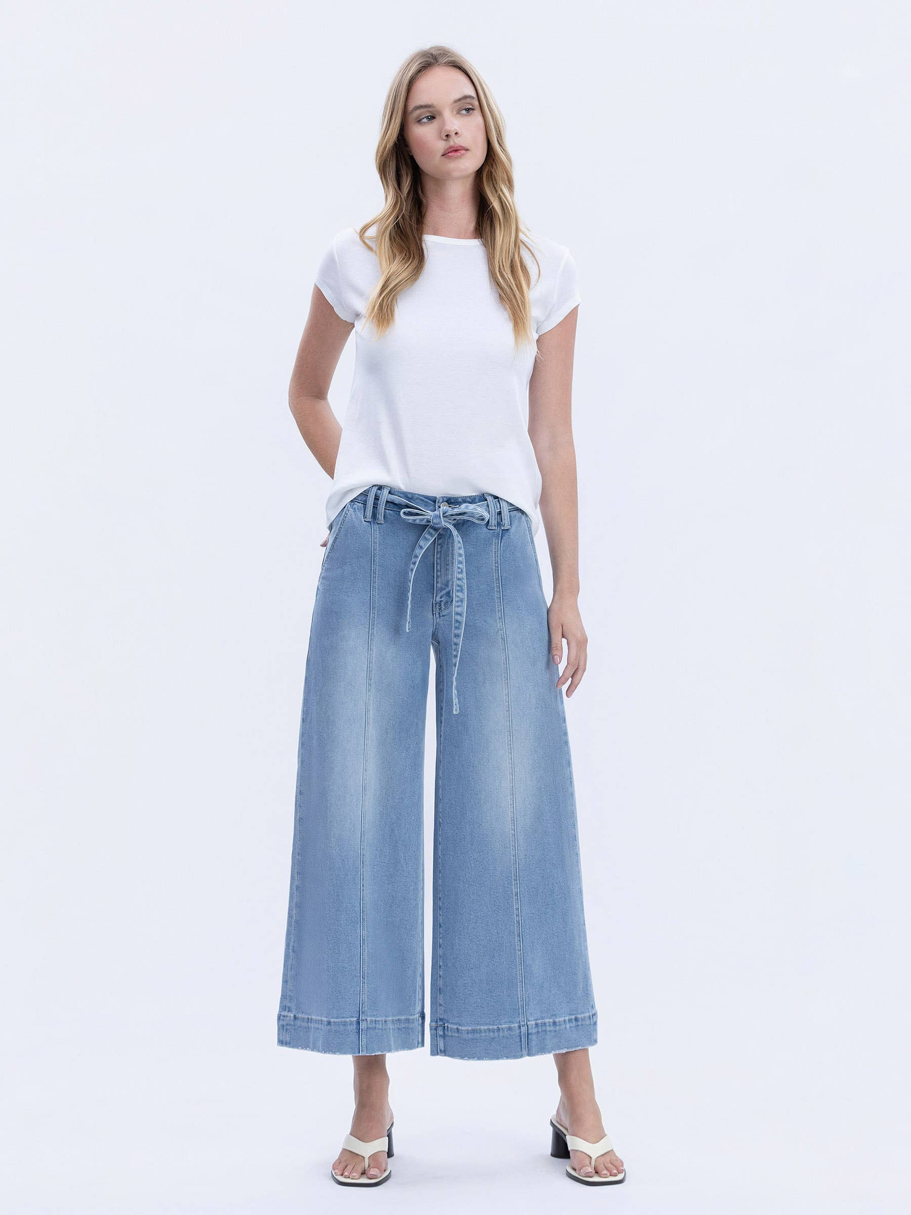 FLUSTER HIGH RISE TIE WAIST CROP PALAZZO JEANS T6906 for wholesale on Faire2