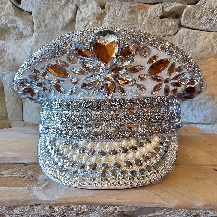Silver Rhinestone Hat / Sequin Hat / Party Captain Hat / Festival Hat, Burning Man Hat, EDC Hat, Rave Hat / Birthday Hat / Custom Phrase Hat for wholesale by Manifestie