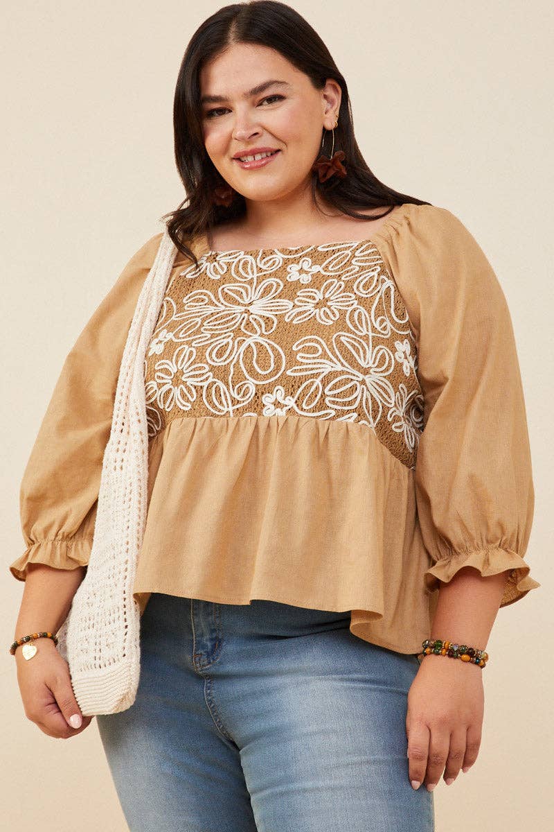 Beige Kvinders blomsterbroderet mix media peplum top for engroshandel på Faire0