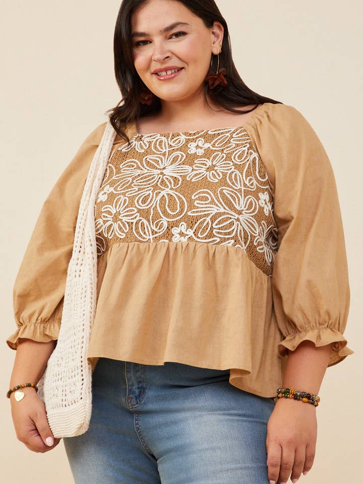 Taupe Womens Floral Embroidered Mix Media Peplum Top for wholesale on Faire0