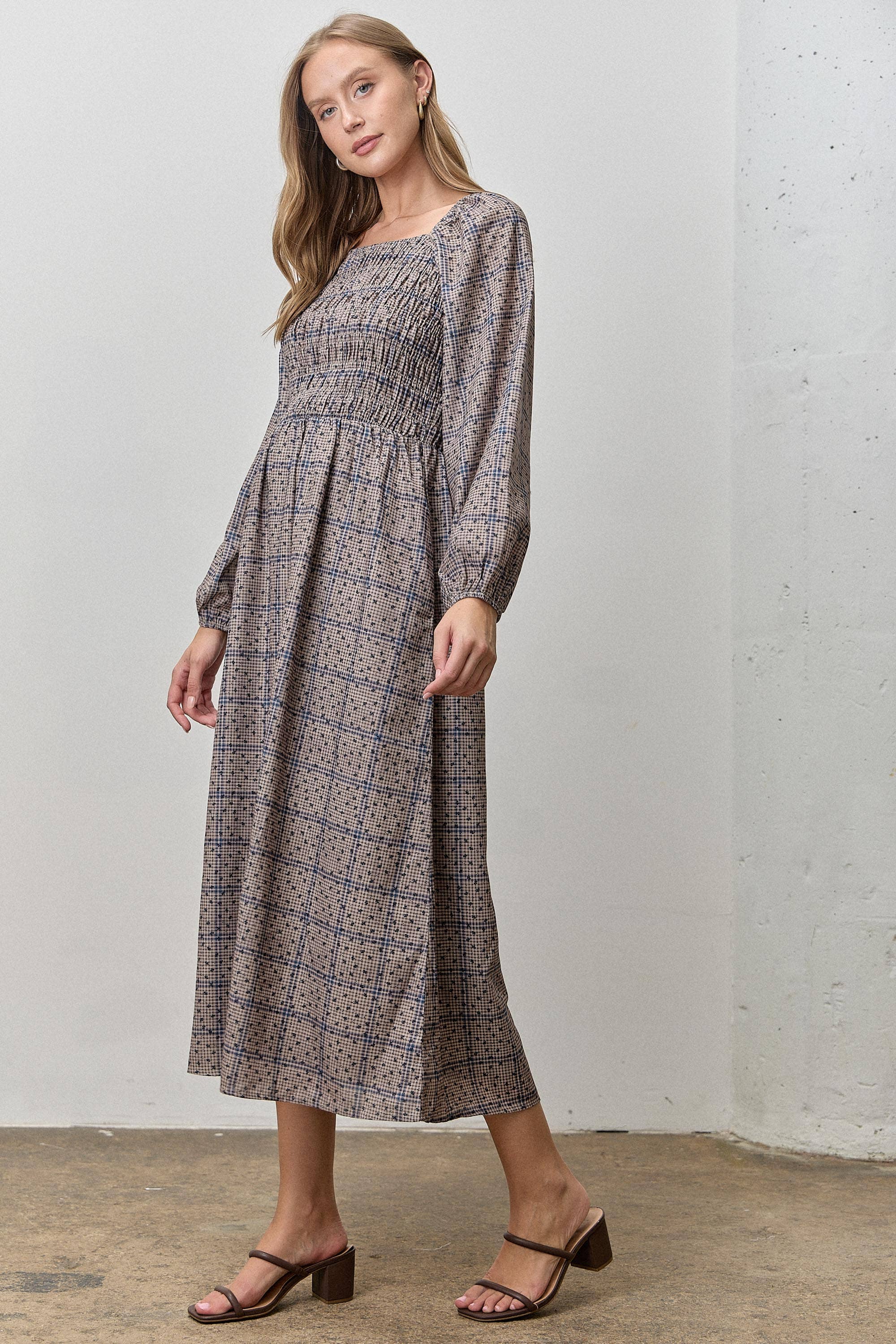 DK BROWN MULTI DITSY PLAID SMOCKED MIDI DRESS for wholesale on Faire1