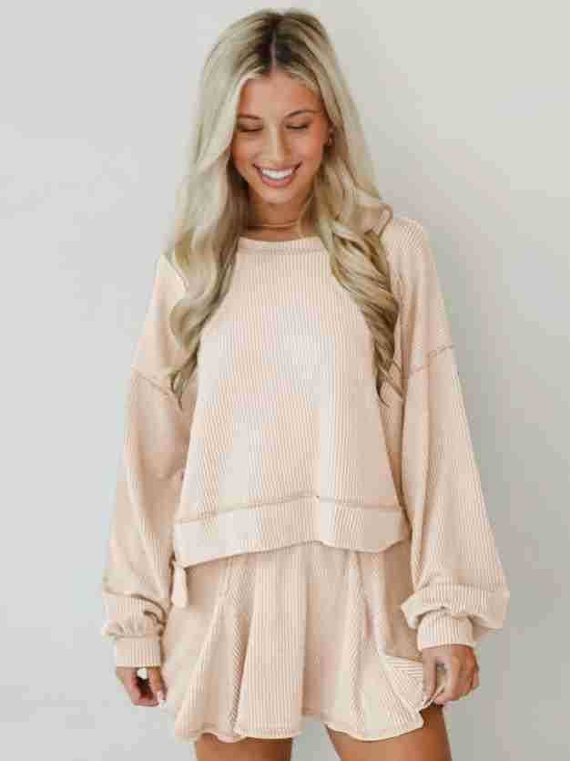 Marayn - Wholesale Top & Skirt Set - Women's - Autumn Ribbed Set Lantern Sleeve Top  Pleated Skirt10