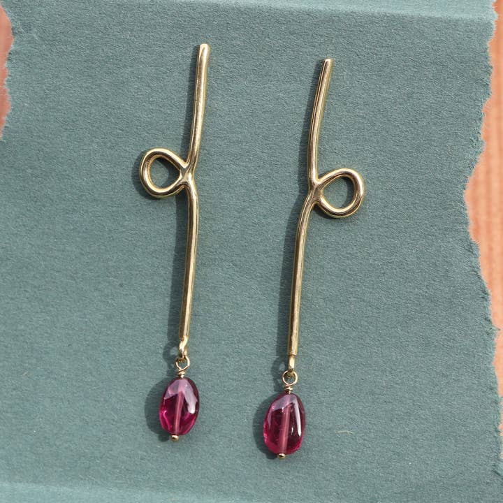 Long Reflection Earrings with Rhodolite Garnet for wholesale by Goldeluxe Jewelry