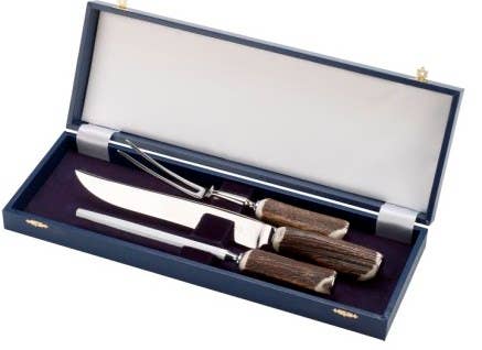 Corbell Silver - Vendita all'ingrosso Set di utensili da cucina - Manico in corno, placcato in argento, set da 3 pezzi da intaglio in scatola aderente in similpelle. CODICE #: C389.1