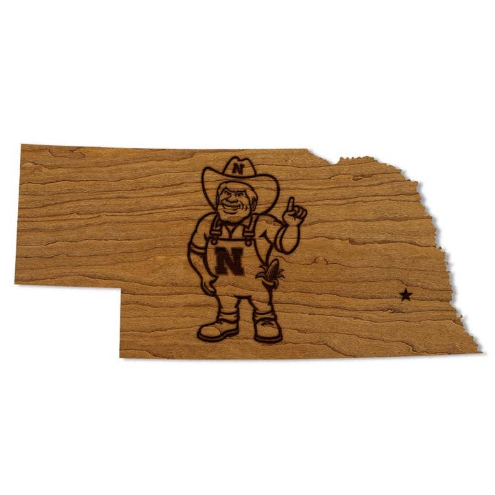 University of Nebraska Herbie on State Wall Hanging – Crafted from Cherry and Maple Wood - Nebraska Huskers for wholesale by LazerEdge