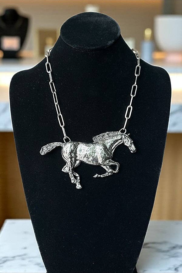 Burnished Silver WESTERN RUNNING HORSE PENDANT NECKLACE for wholesale on Faire0