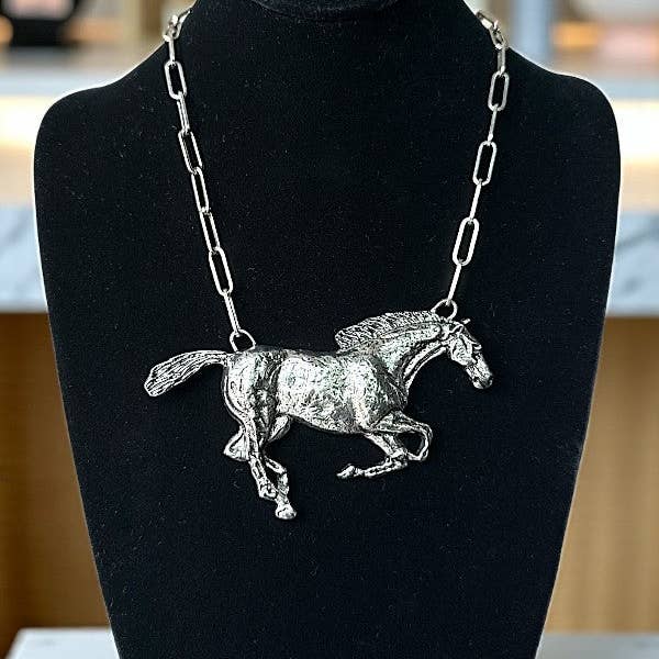 Burnished Silver WESTERN RUNNING HORSE PENDANT NECKLACE for wholesale on Faire