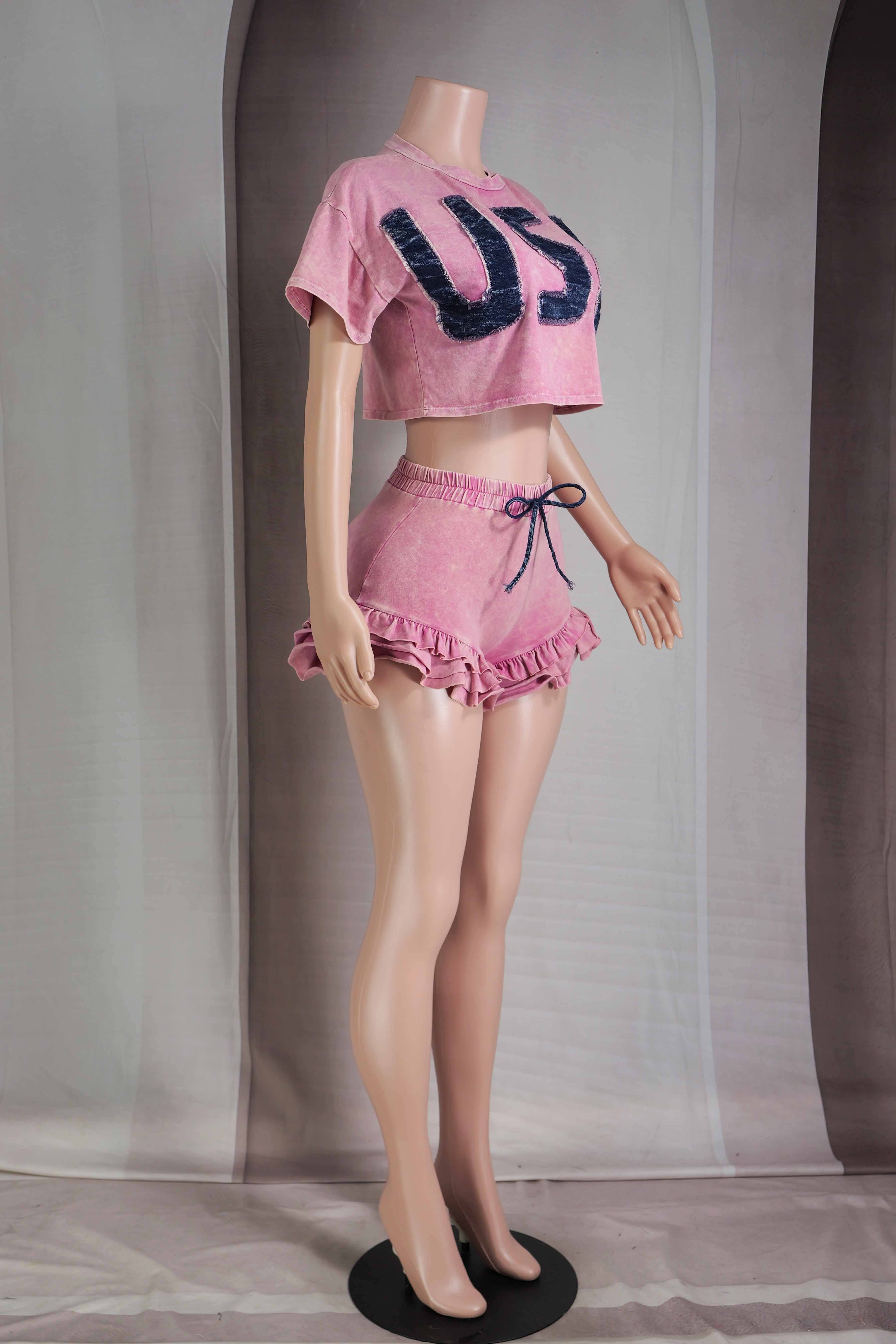 Ultra Pink MINERAL WASH DENIM PATCH TOP & RUFFLED SHORT SET for wholesale on Faire2