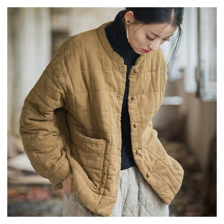 Sheer Trend - Wholesale Jacket - Women's - Cotton-Padded Jacket With Hemp And Cotton Grid Stitching5