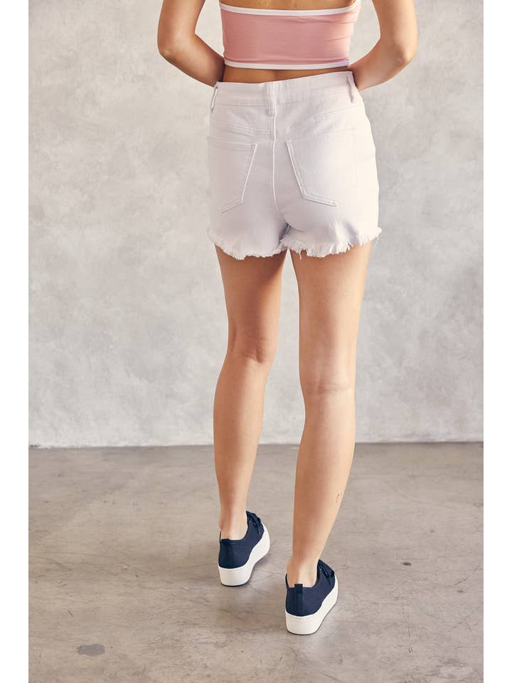 WHITE HIGH RISE FRAYED SHORTS (ST# FRSP1006W) for wholesale on Faire4