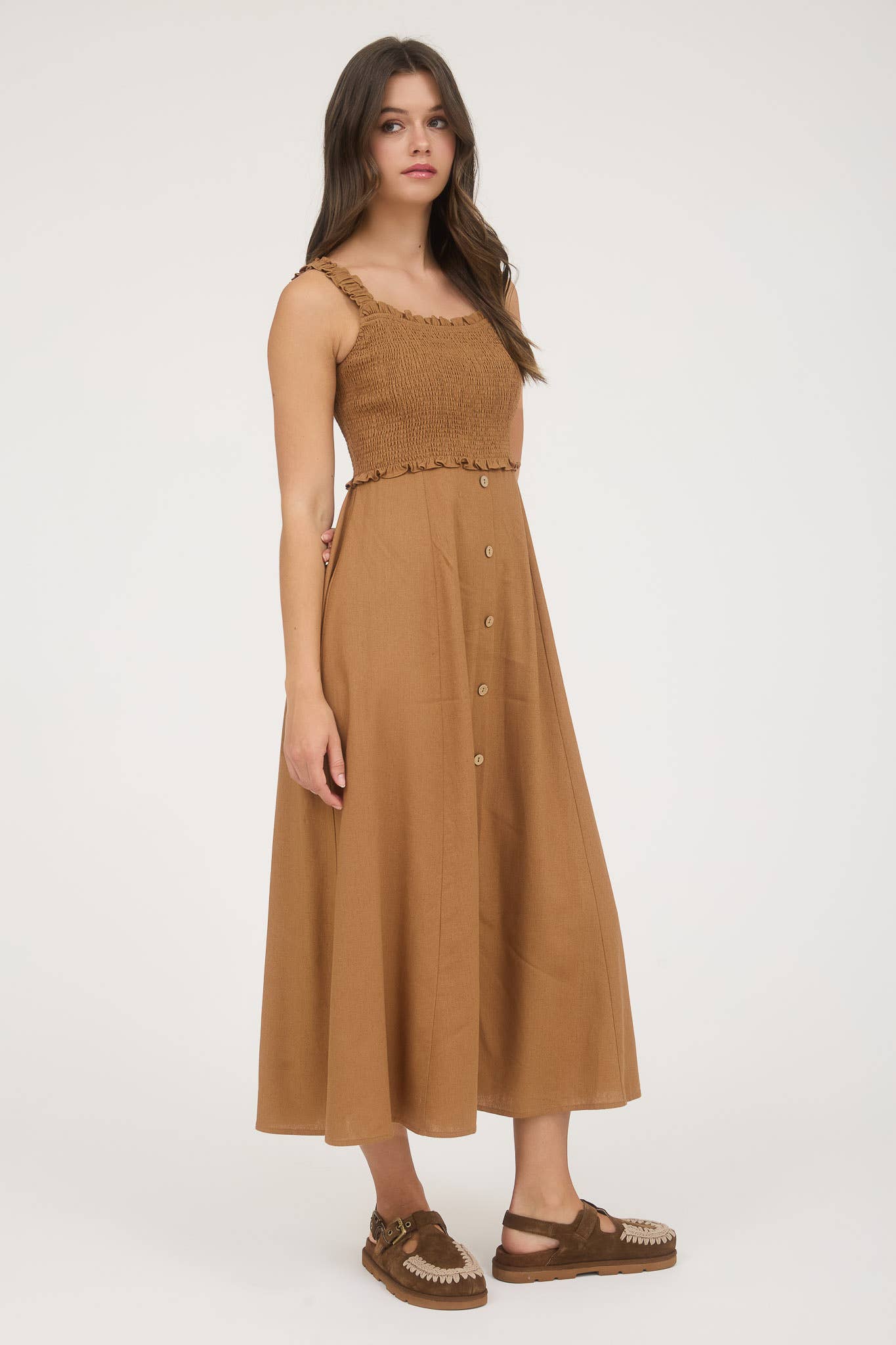 Blu Pepper - Wholesale Jurk - Dames - MIDI-JURK MET SMOCKWERK, MOUWLOOS EN KNOOPSLUITING17