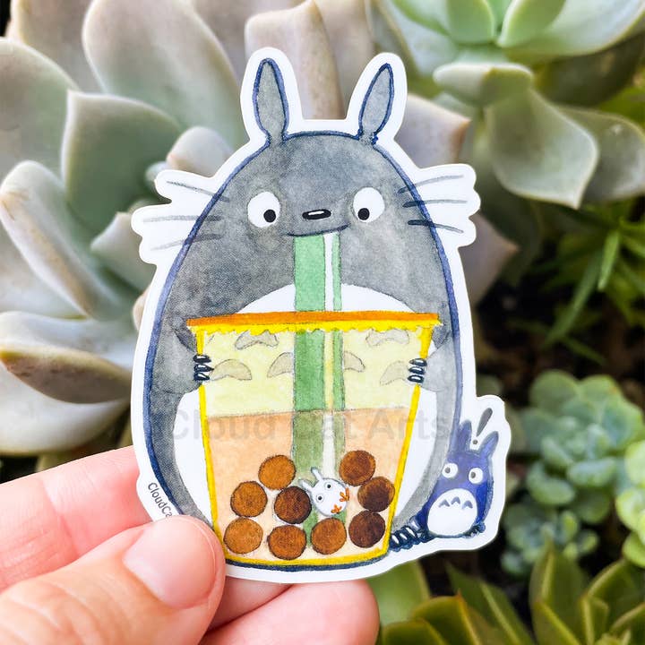 Cloud Cat Arts - Wholesale Sticker - Forest Spirit with Boba Sticker - Kawaii Bubble Tea Totoro0