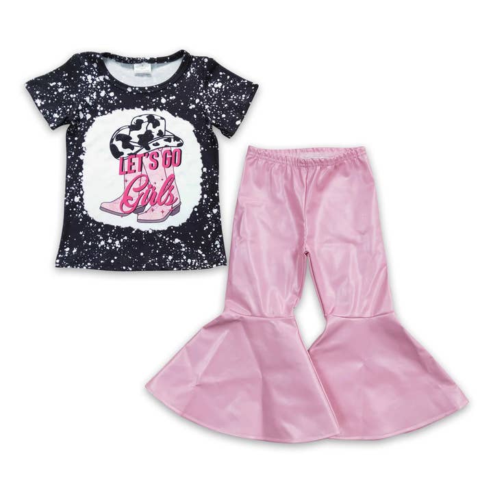 Chemise Let's Go pour filles en cuir rose, pantalon à fond cloche, vêtements pour filles pour la vente par Yawoo Garments