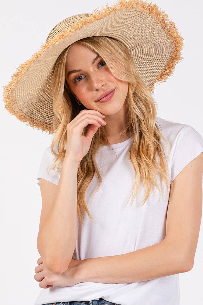 Hana - Vendita all'ingrosso Cappello di paglia - Donna - Cappello Estivo di Paglia a Tesa Larga Bicolore con Bordo Sfilacciato4