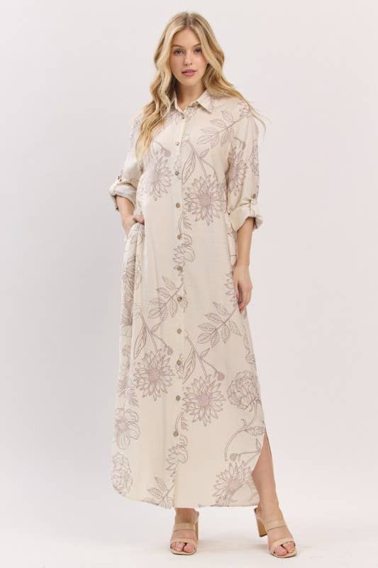 Pink Irene Wholesale - Wholesale Dress - Women's - Women Woven Floral Print Button-Down Maxi Dress0